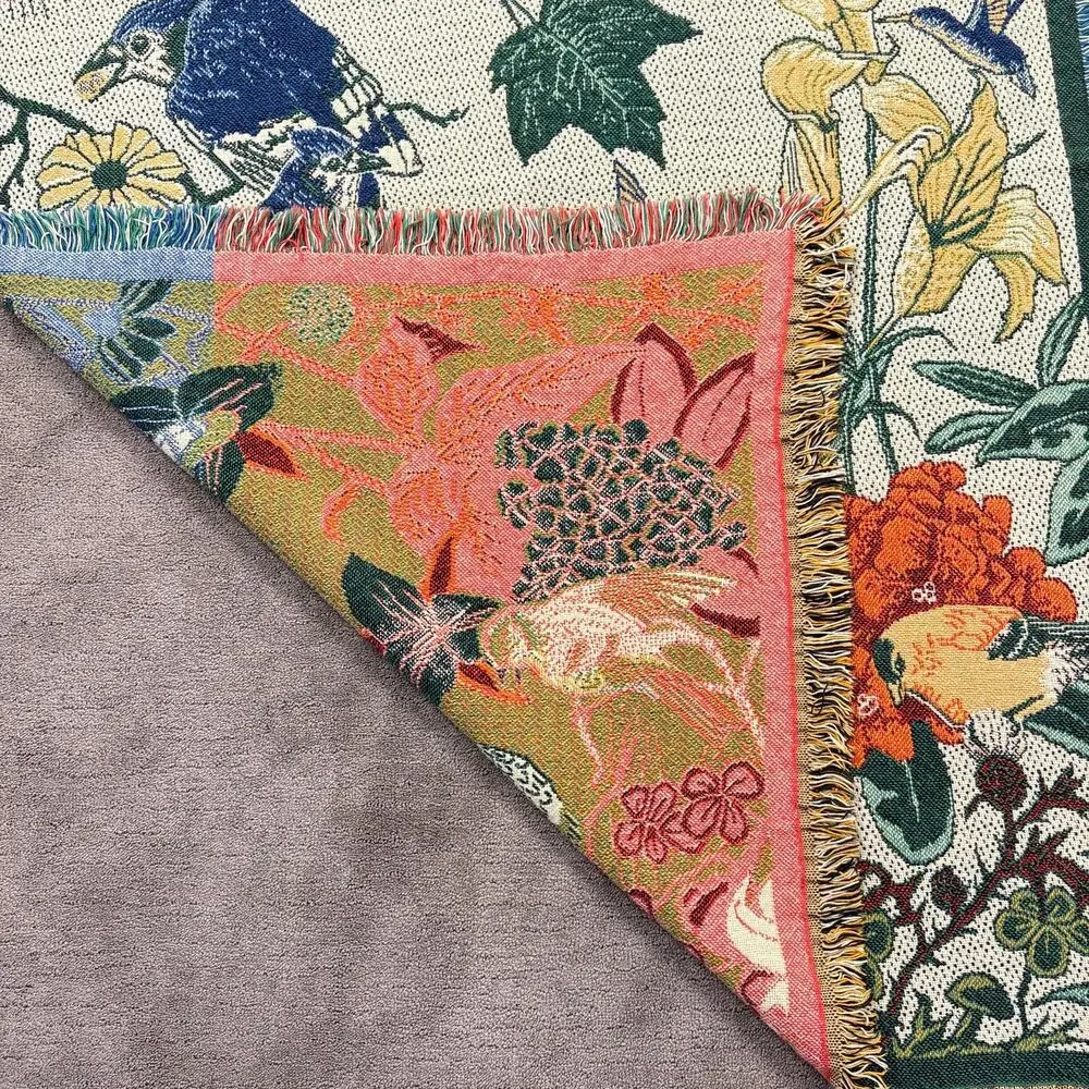 Vintage Nature Bird & Flower Woven Tapestry Throw Blanket Fringed 46